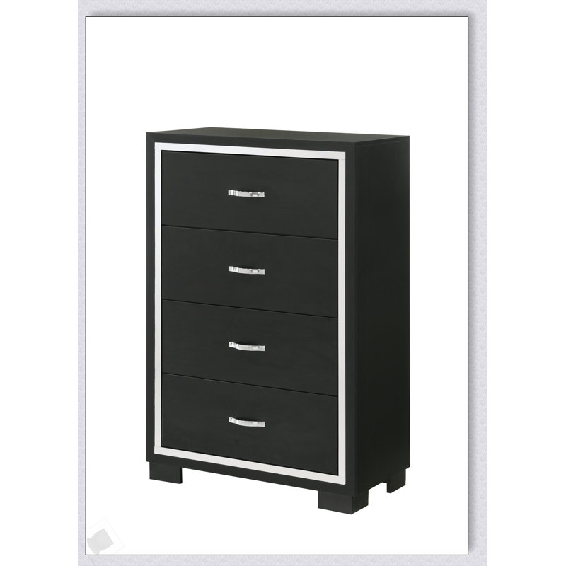 Commode de chambre moderne à 4 tiroirs avec poignées en métal élégantes et finition noire en bois pour un rangement élégant