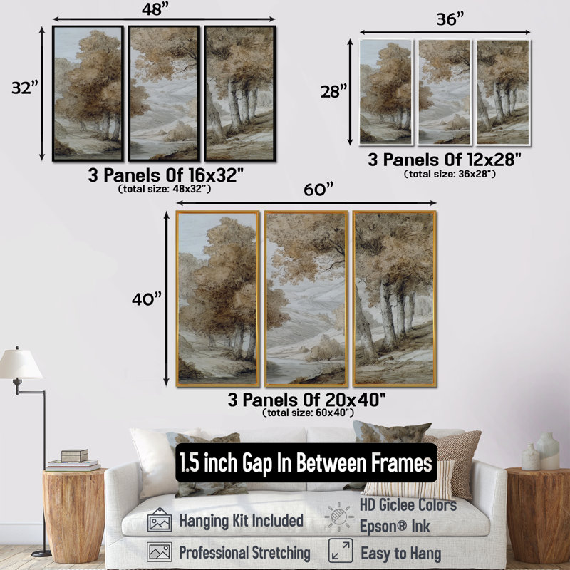 Maple Trees On The English Countryside  - Countryside Wall Art Set, 40" H x 60" W, Silver, Floater Framed Print
