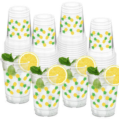 50Pcs Pineapple Cups 12oz Pineapple Clear Plastic Cups for Yellow Fruit Themed Party Decorations