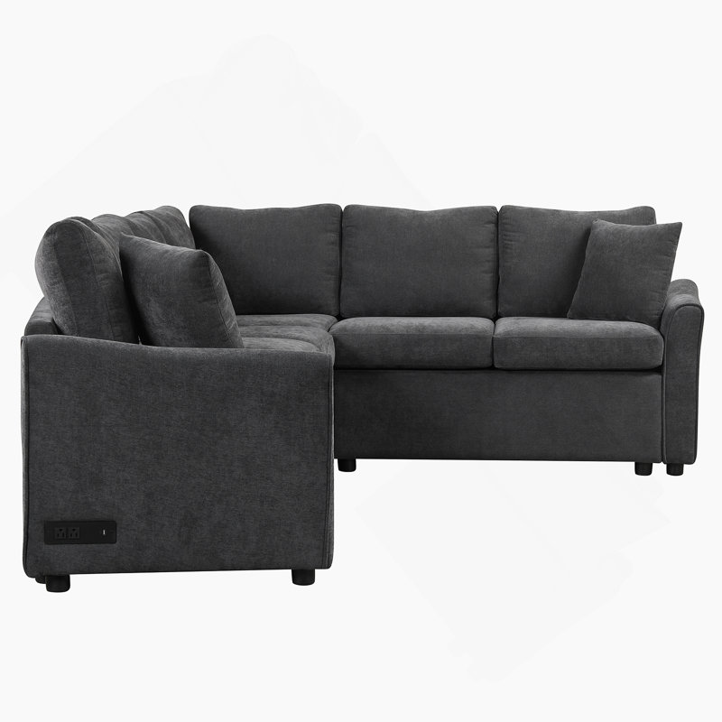 Sofa Bed Pull Out Sofa Sleeper with Two Back Pillows, Two USB Ports and Two Power Sockets, Light Gray Chenille
