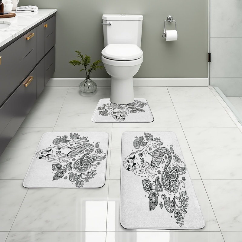  Ensemble de tapis de salle de bain à motif cachemire 3 pièces motif cachemire noir et gris Paisley