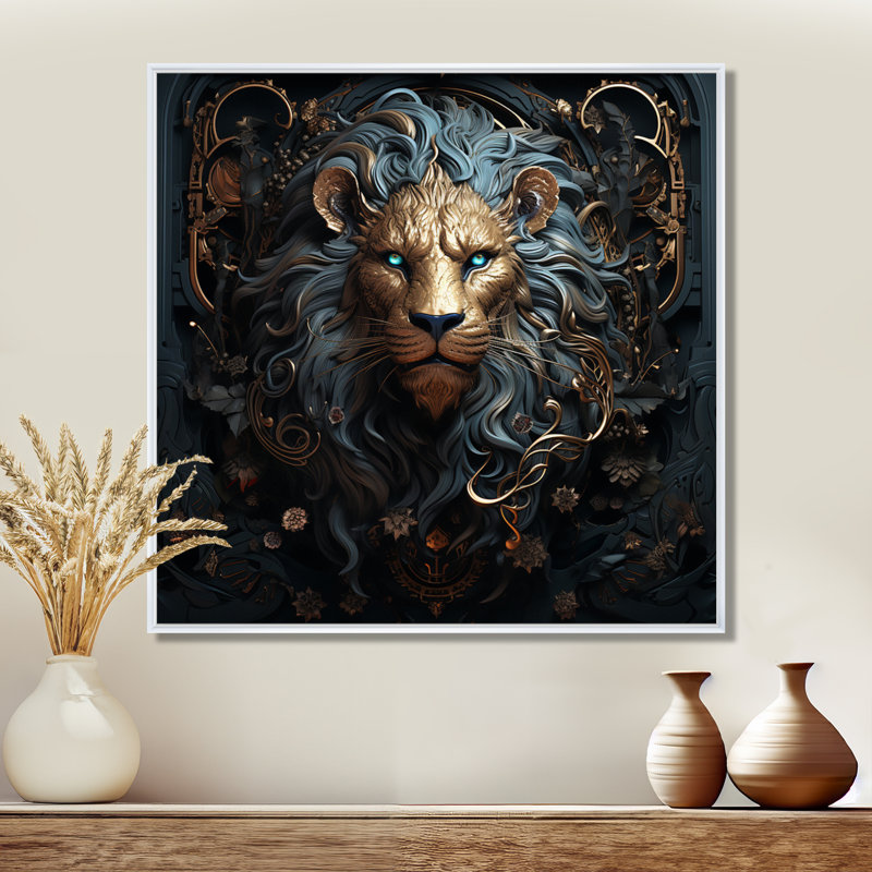 Majestic lion II - Lion, art mural, H 30 po x l 30 po x P 1 po, Cadre flottant blanc