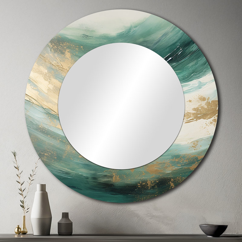 Gold And Green Soft Wave Fusion - Abstract Shapes Mirror, Beige Round Decorative Wall Mirror, Printed Metal Art, 36" x 36"