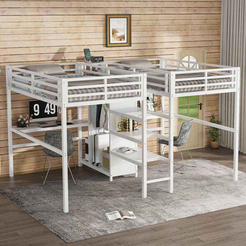 Twin Over Twin Metal Loft Bed with Double Desk, Wardrobe & Shelves, Space-Saving, Noise-Reducing, White