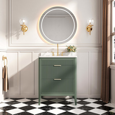 Meuble-lavabo autoportant de 30 po entièrement assemblé avec structure en bois massif et plateau en marbre d'ingénierie
