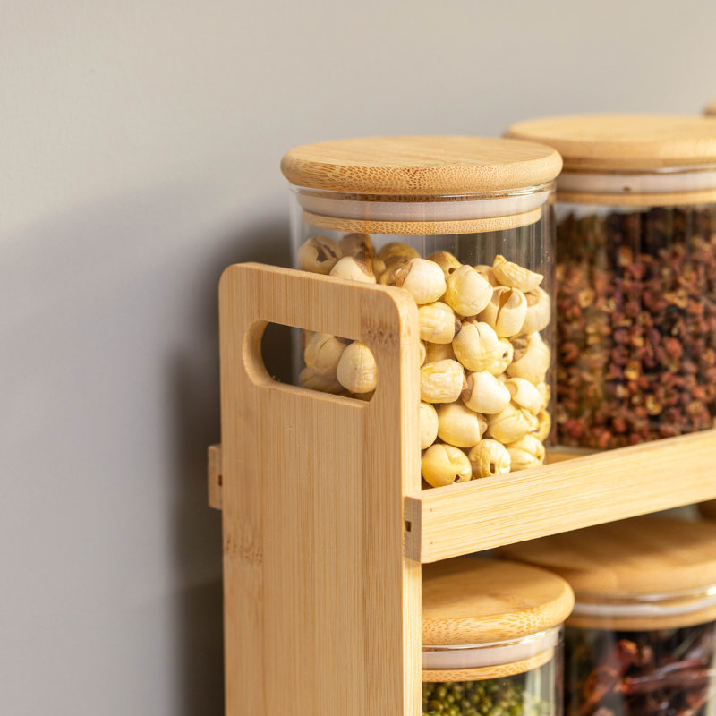 Rebrilliant Versatile 3-tier Bamboo Spice Rack And Pantry Organizer With 9 Glass Jars – Perfect For Countertop Storage In Kitchens To Keep Seasoning Containers Neatly Displayed And Easily Accessible