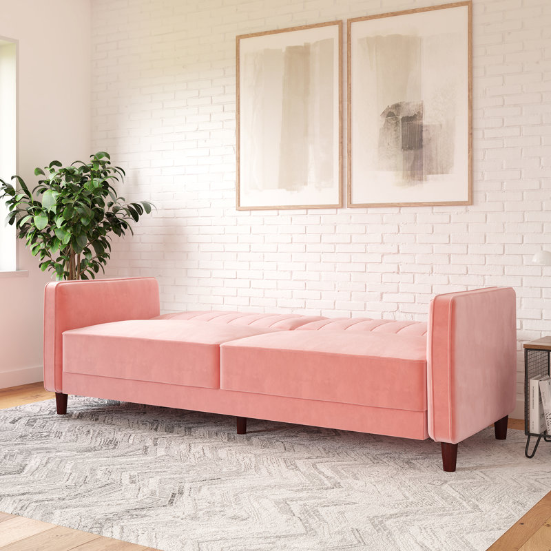 Perdue 81.5" Velvet Square Arm Convertible Sofa, Pink Velvet
