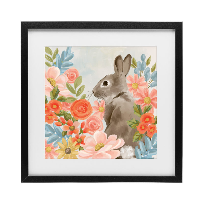 «Bunny In The Blooms», reproduction d'art sous verre encadrée par Cat Thurman Designs, H 13 po x l 13 po, Cadre noir minuit