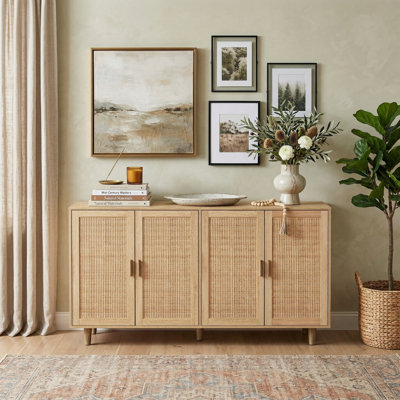 Armoire de rangement 62,2 po de large en rotin avec 4 portes, armoire décorative autoportante pour le salon, la chambre à coucher, le bureau, noir