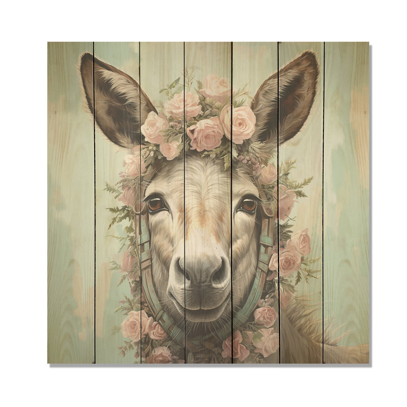 Joli portrait d'âne floral - impression sur bois, H 15 po x l 15 po