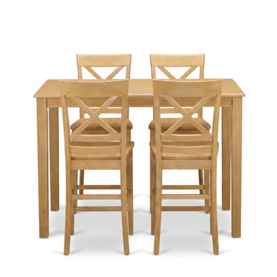 Ensemble de salle à manger rectangulaire 5 pièces en bois dur asiatique, hauteur de comptoir, avec quatre tabourets en bois massif, couleur cerisier babeurre, chêne chaud et hévéa.