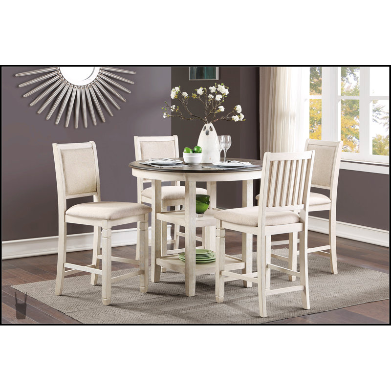 Ensemble de salle à manger à hauteur de comptoir 5 pièces blanc antique et brun avec tablettes intégrées et chaises confortables, parfait pour les maisons modernes et traditionnelles