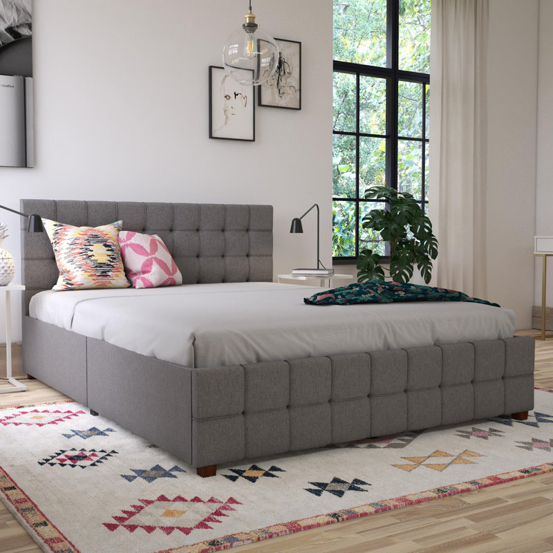 Elizabeth Tufted Upholstered Low Profile Storage Platform Bed, Queen, Gray