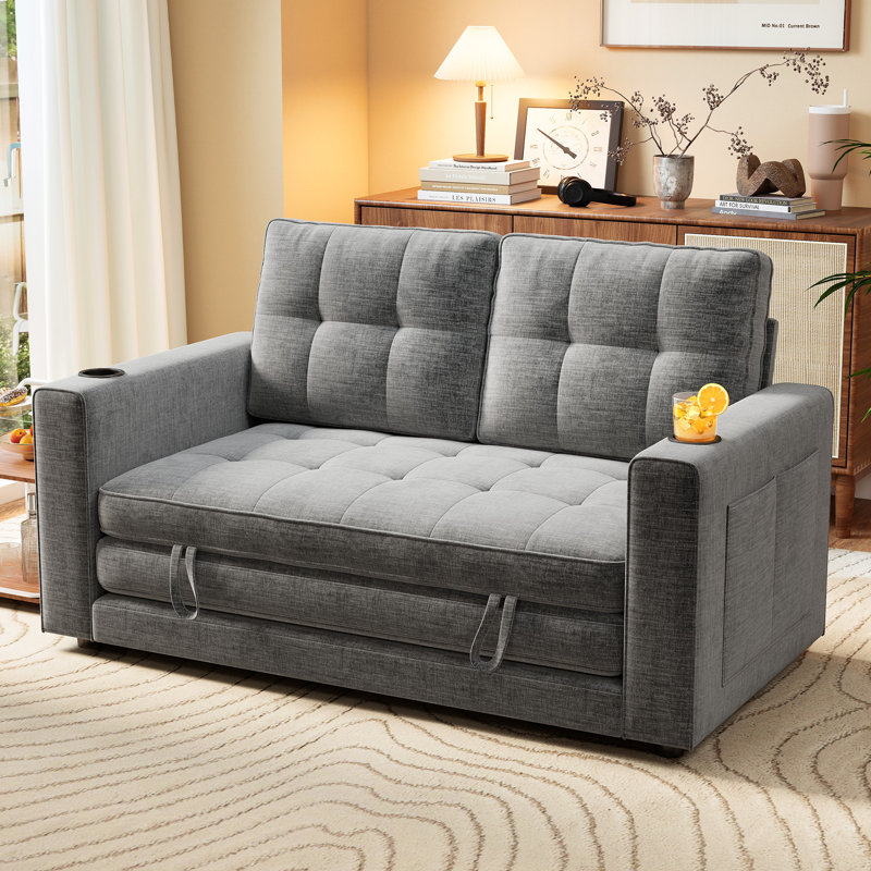 Canapé-lit convertible en chenille de 55 po avec porte-gobelet et poches de rangement George, Gris