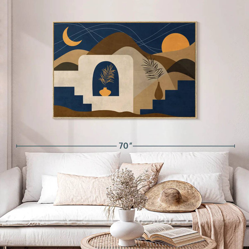 Boho, soleil, lune et montagnes II, Cadre flottant en bois naturel, 46 po x 31 po
