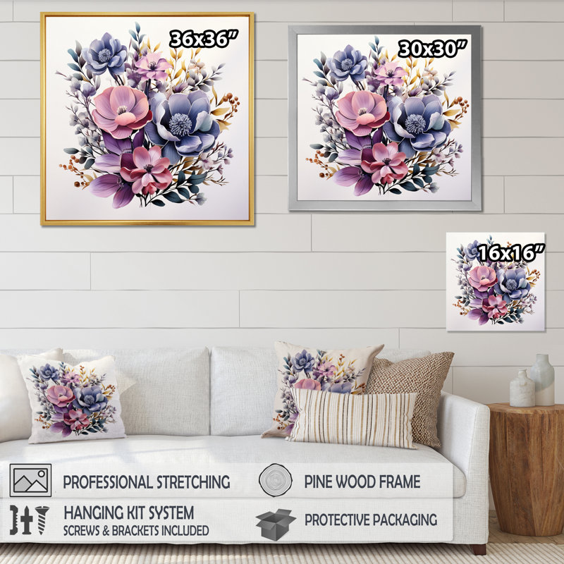 Bouquet de minimalisme mauve sur toile, H 36 po x l 36 po x P 1,5 po, Cadre simple noir