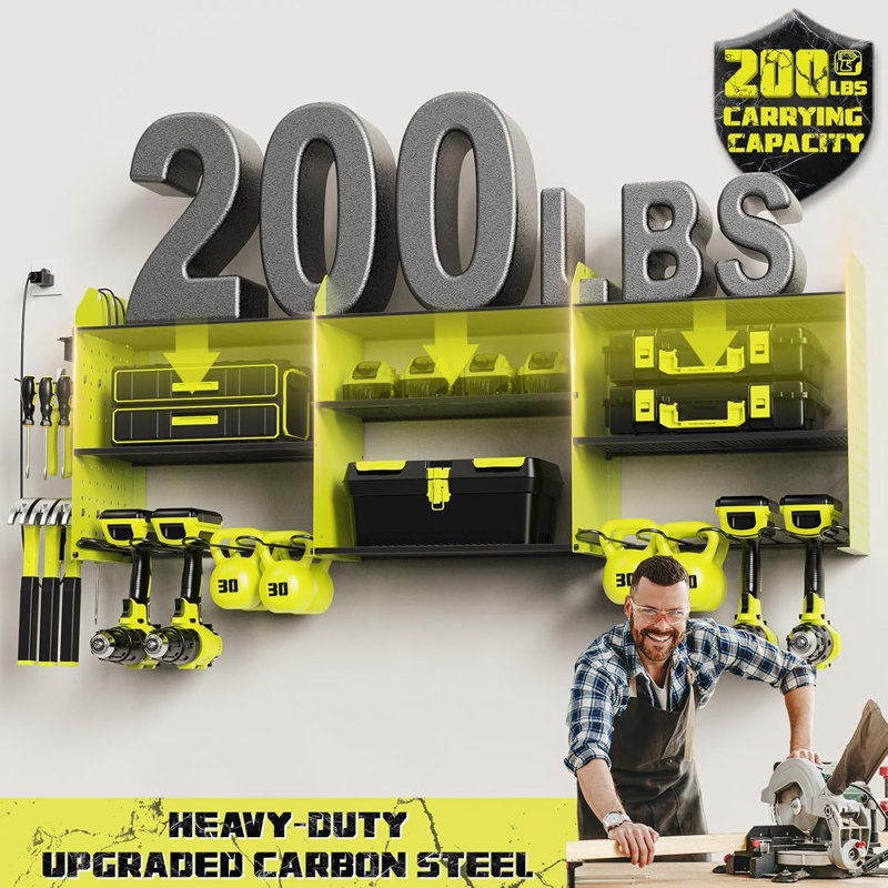 Organisateur d'outils électriques avec support mural pour station de charge, rangement pour garage robuste à 3 couches, rangement pour outils de garage d'une longueur de 45,5 pouces, 8 perceuses, 2 méthodes d'assemblage [Vert]