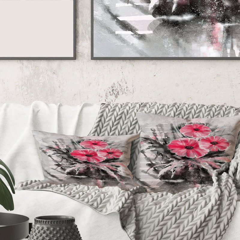 Rectangle, fleurs rouges abstraites sur fond gris - coussin traditionnel imprimé