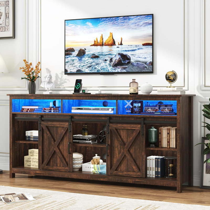 70” Wooden Farmhouse TV Stand for 70/80 inch TV,Double Layer Storage Entertainment Center TV Console Table,w Double-Row Sockets and 2 Sliding Barn Door,Media Cable Box
