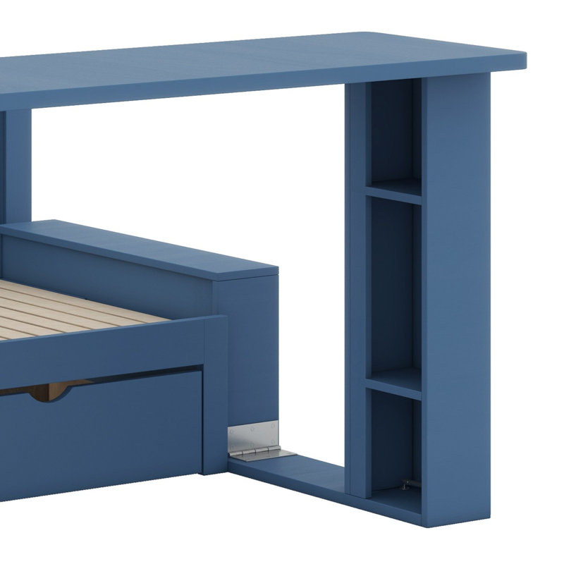 Lit de jour avec bureau amovible, tiroirs de rangement et table d'appoint hydraulique, Bleu