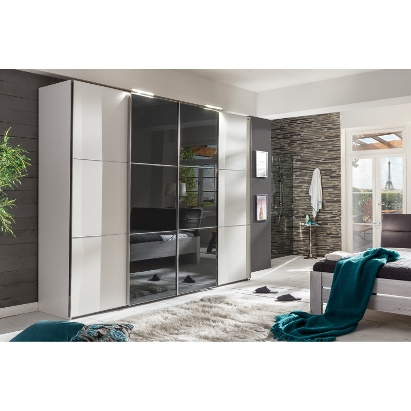 Caouette 4 Door Manufactured Wood Wardrobe, Grey and alpine white