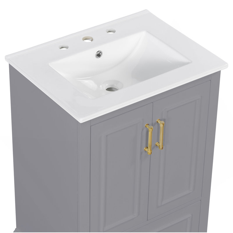 24"Bathroom Vanity With Sink, MDF Cabinet With Wood Frame, 1 Divided Drawer And 2 Soft Close Doors With Double Shelf On The Door, Freestanding Vanity