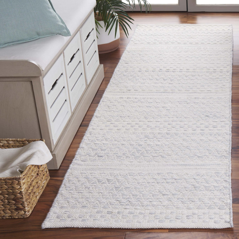 Kilim Hand Woven Wool/Cotton Geometric Rug in Ivory/Gray, Runner 2'3" x 8'