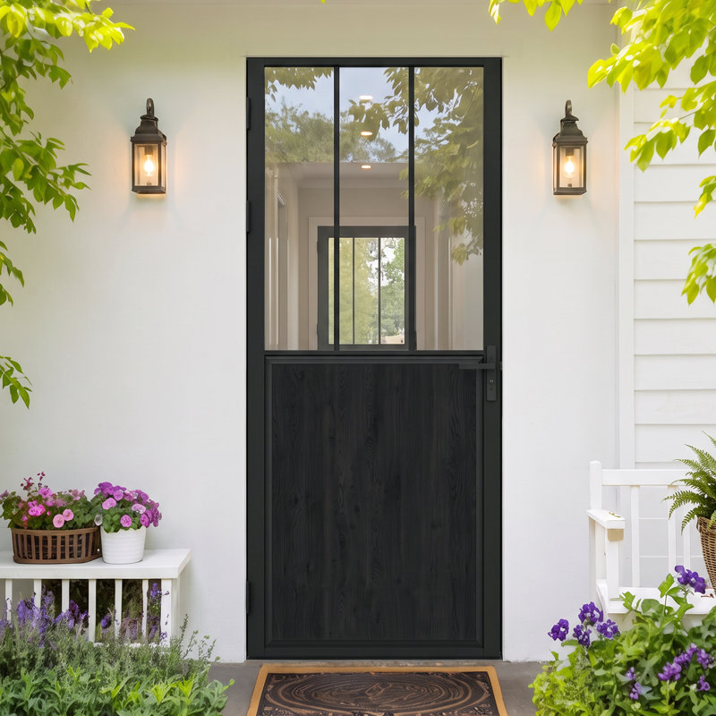 32" × 80" Matte‑Black Aluminum Interior Door, Silk‑Striped Tempered‑Glass Top & Wood‑Grain MDF Bottom Panel, Reversible‑Swing Single Door