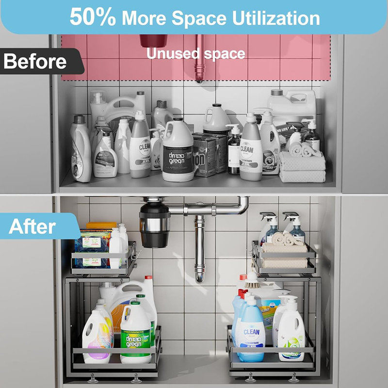 2-Pack Under Sink Pull-Out Organizers, Heavy-Duty L-Shaped Metal Shelves With Ball-Bearing Slides, Height-Adjustable For Kitchen & Bathroom