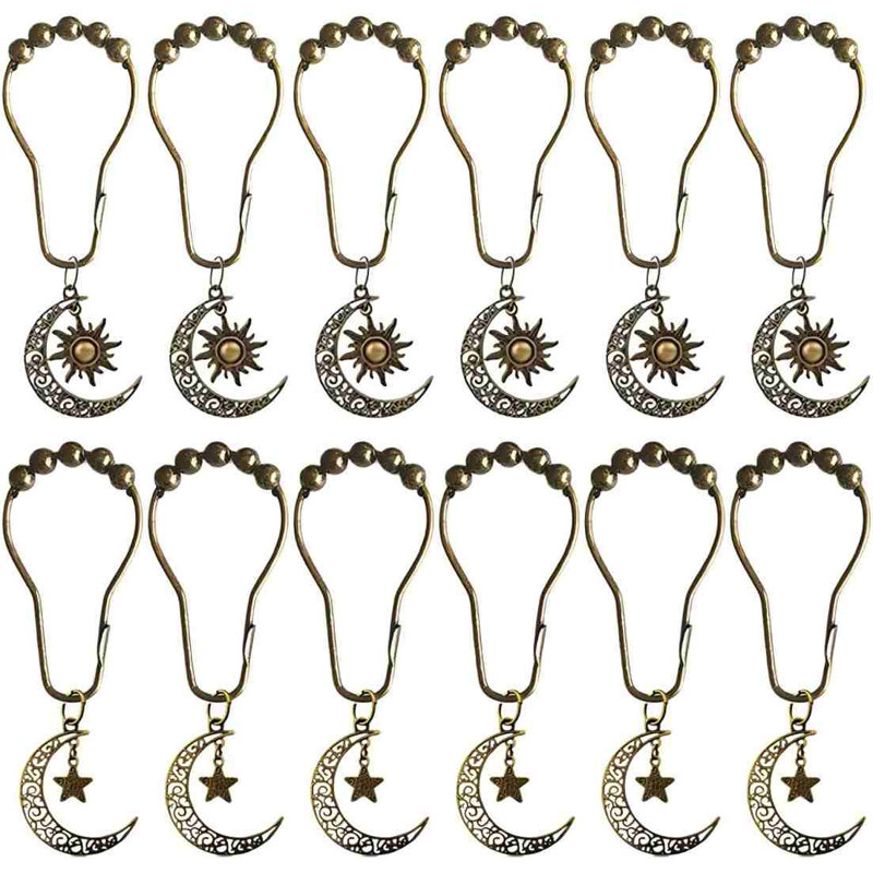 Ensemble de 12 crochets décoratifs pour rideaux de douche pour la salle de bain - Anneaux de rideau antirouille avec étoiles de lune de soleil rétro, décorations de salle de bain à thème gothique, mystique et bohème (bronze)