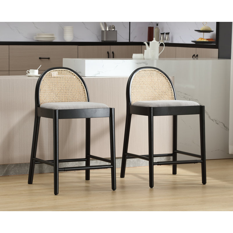Gray and Black Rattan Backrest Wood Frame Counter Stools, Set of 2