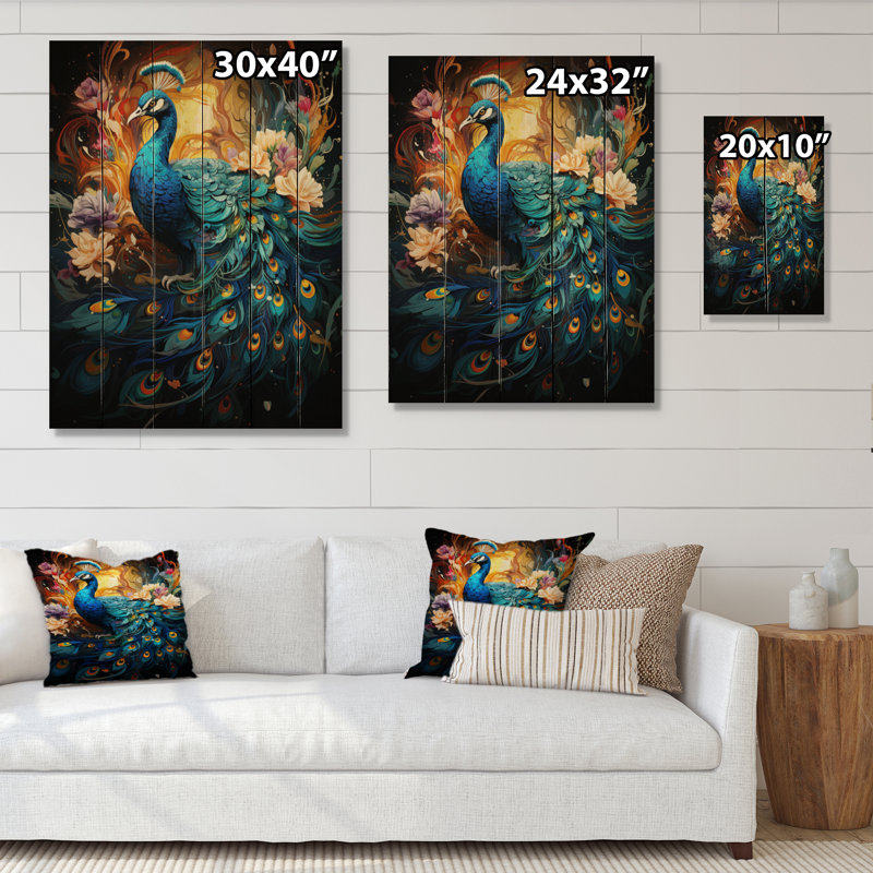 Jabiel Teal Yellow Emerald Peacock Drips I On Wood Print, 32" H x 24" W x 0.78" D