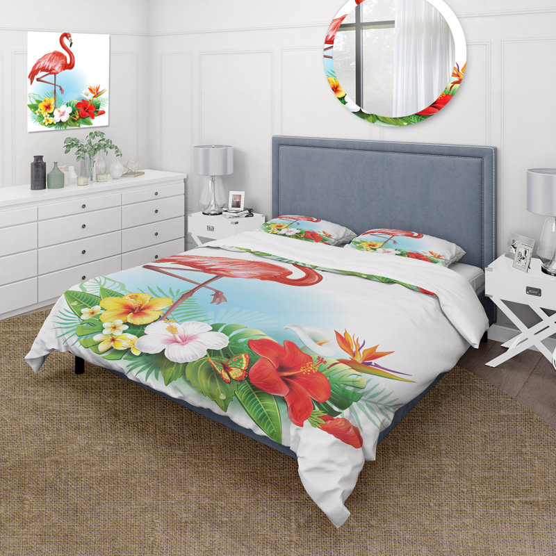 Arrangement avec fleurs tropicales et flamant rose - ensemble de housse de couette traditionnel - microfibre de polyester