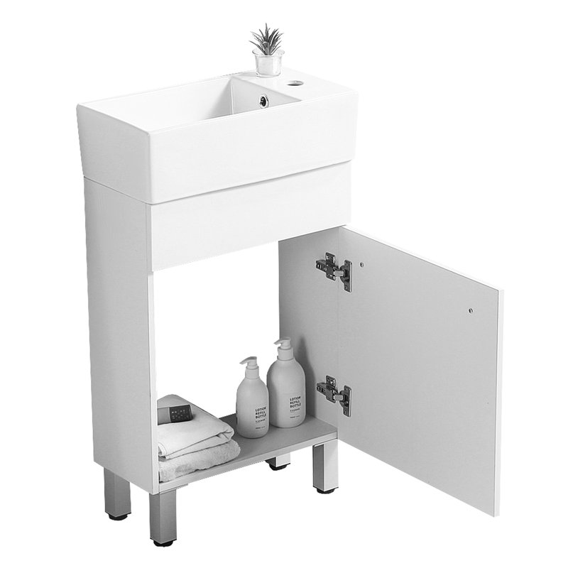 Armoire de salle de bain 19 po blanche avec lavabo en céramique - Petit meuble-lavabo en bois massif de qualité lustrée avec deux portes d'extension pour un trou de débordement élégant et facile d'accès aux fuites d'eau Choisissez votre robinet (robinet)