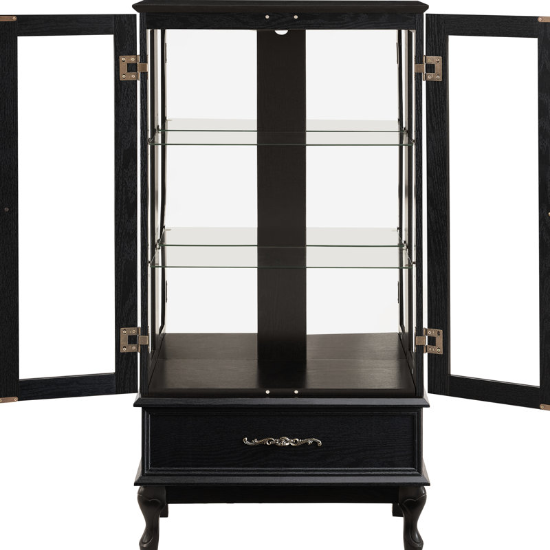 Vitrine lumineuse en verre avec tablettes réglables, portes, dossier en miroir, poignées et tiroir en métal rétro - tiroir de style esthétique