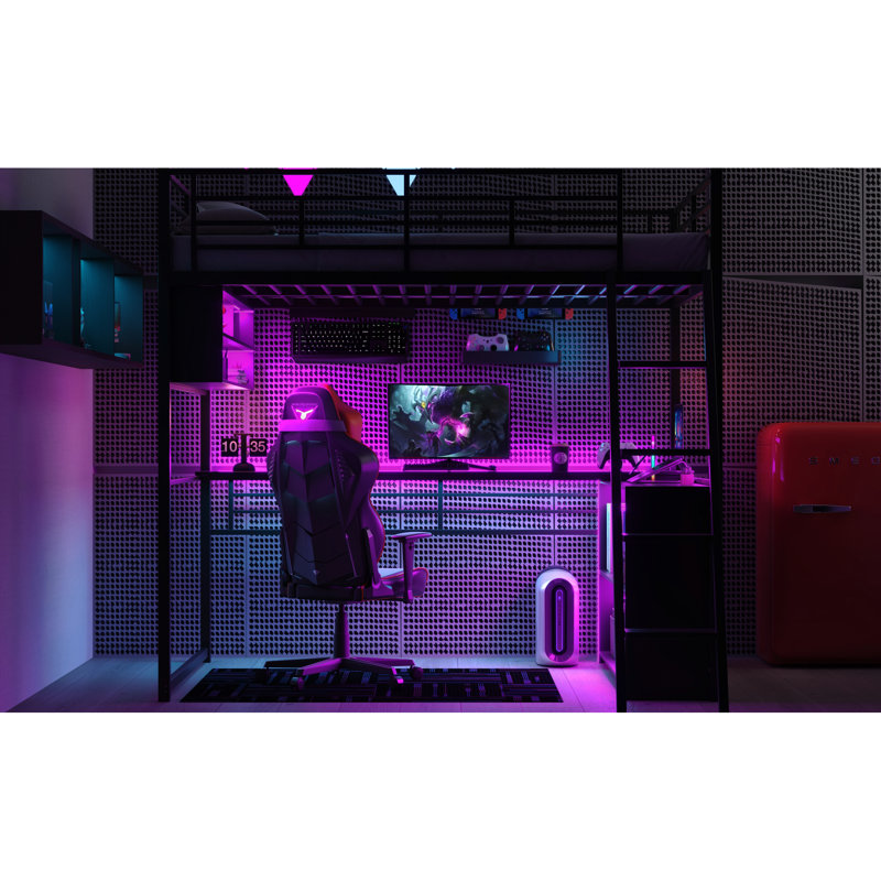 Lit mezzanine en métal avec bureau à DEL avec 4 possibilités de rangement Led, Lit double