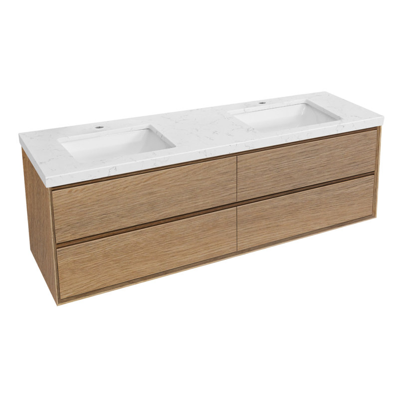 Meuble-lavabo mural avec plateau en marbre d'ingénierie, Bois naturel, 72"