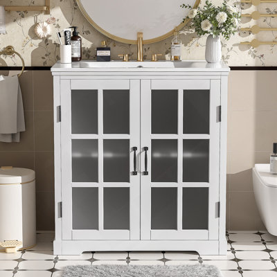 Meuble-lavabo moderne avec lavabo en céramique, verre trempé flou et rangement intelligent, idéal pour rehausser la fonctionnalité et le style de la salle de bain