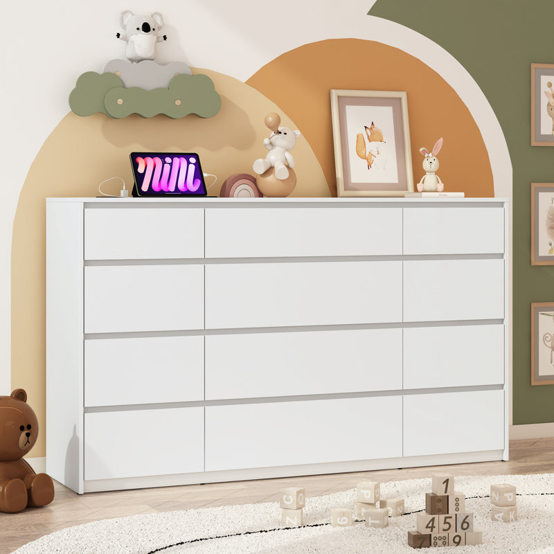 12-Drawer 63" Dresser With Charging Station, White