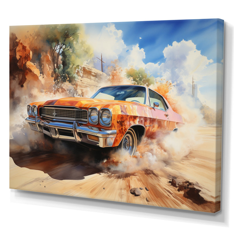 Orange Muscle Car On Offroad - Muscle Car, reproduction d'art sur toile, 12" H x 20" W, White Picture Framed