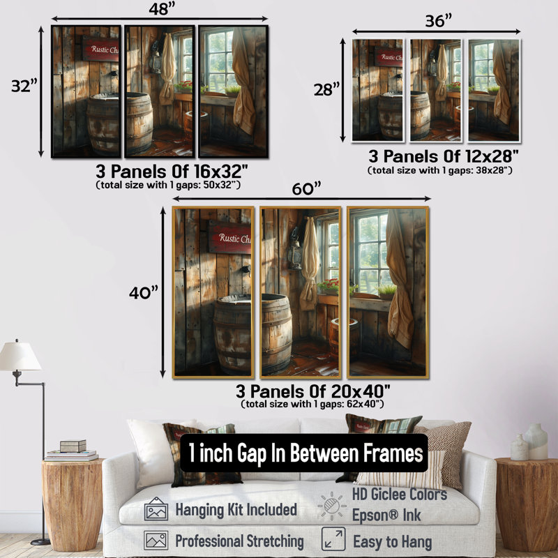 - Rustic Wall Art Living Room Set, White Floater Framed Canvas, 32" H x 48" W x 1" D