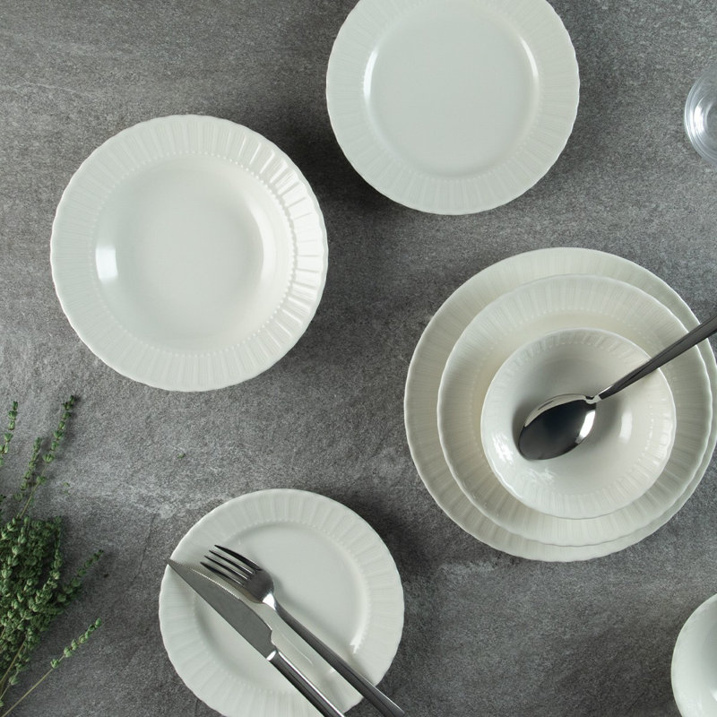 Elegant 24-Piece Dinner Set, White 100% Porcelain | Includes 6 Service Plates (9.8 x 9.8 in), 6 Cake Serving Plates (7.5 x 7.5 in), 6 Plates (7.5 x 7.5 in), 6 Bowls (5.5 x 5.5 in) | Dishwasher & Microwave Safe, Perfect for Entertaining