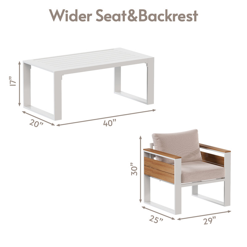 Ensemble de conversation 3 pièces en aluminium avec table basse et fauteuil
