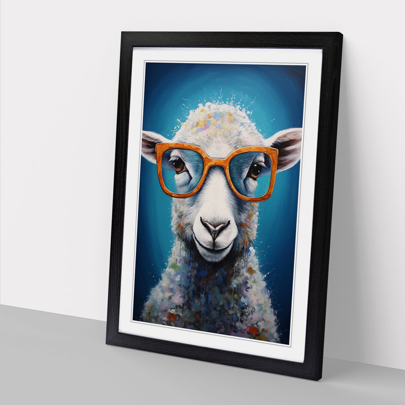 Sheep With Glasses - Single Picture Frame Print on Wood, 46cm H x 34cm W x 2cm D, Black 