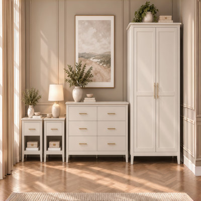 4 Piece Bedroom Furniture Set with 2 Door Wardrobe, 6 Drawer Chest of Drawers & 2 Bedside Tables, Bedroom Storage Set with Gold Handles
