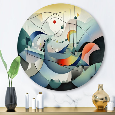 Orange And Blue Geometric Compositions - Abstract Geometric Round Wall Art on Metal