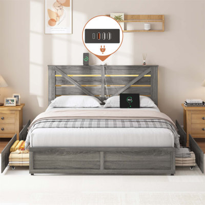 Cadre de lit de rangement avec tiroirs spacieux, éclairage à DEL et support de matelas en métal antidérapant pour les chambres modernes