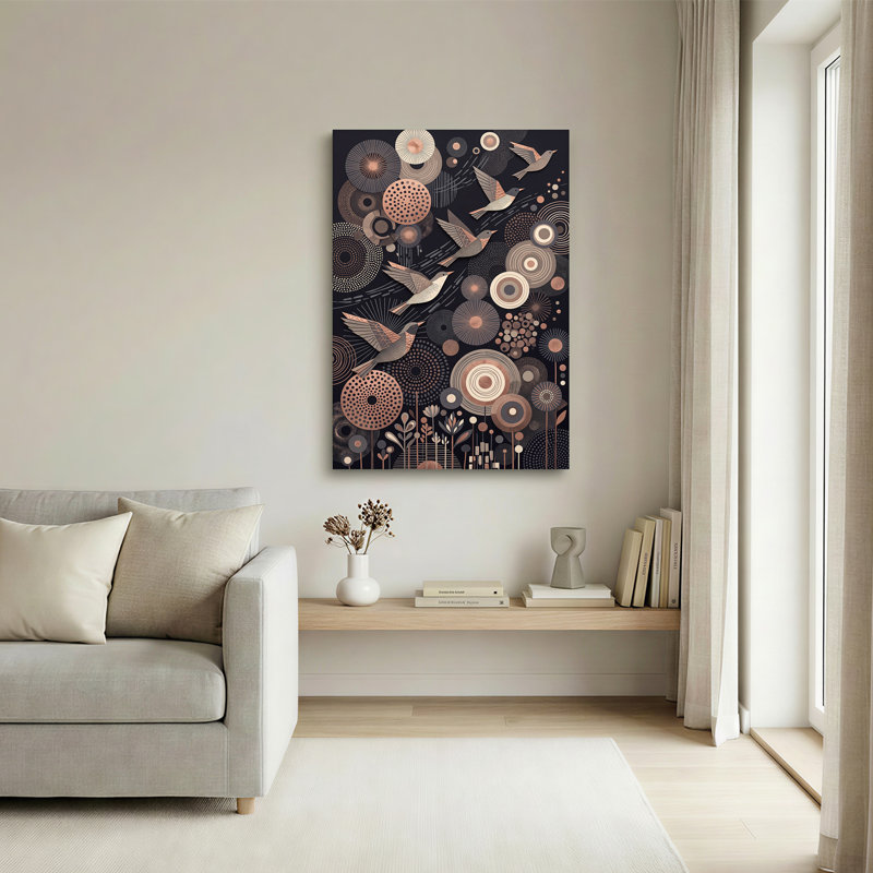 Quatre oiseaux cuivrés survolant des cercles floraux abstraits, art mural sur toile, 36"H x 24"W