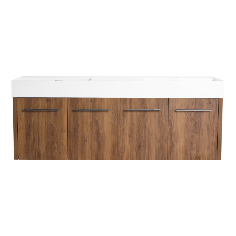 Meuble-lavabo mural contemporain 60 po avec double rebord en résine Revivo et matériaux écologiques Revivo, Brun ébène