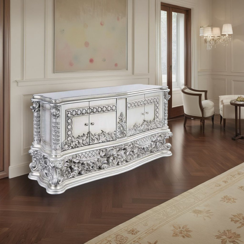 Buffet console Vera, 79 pouces, 4 portes, platine à volutes florales platine